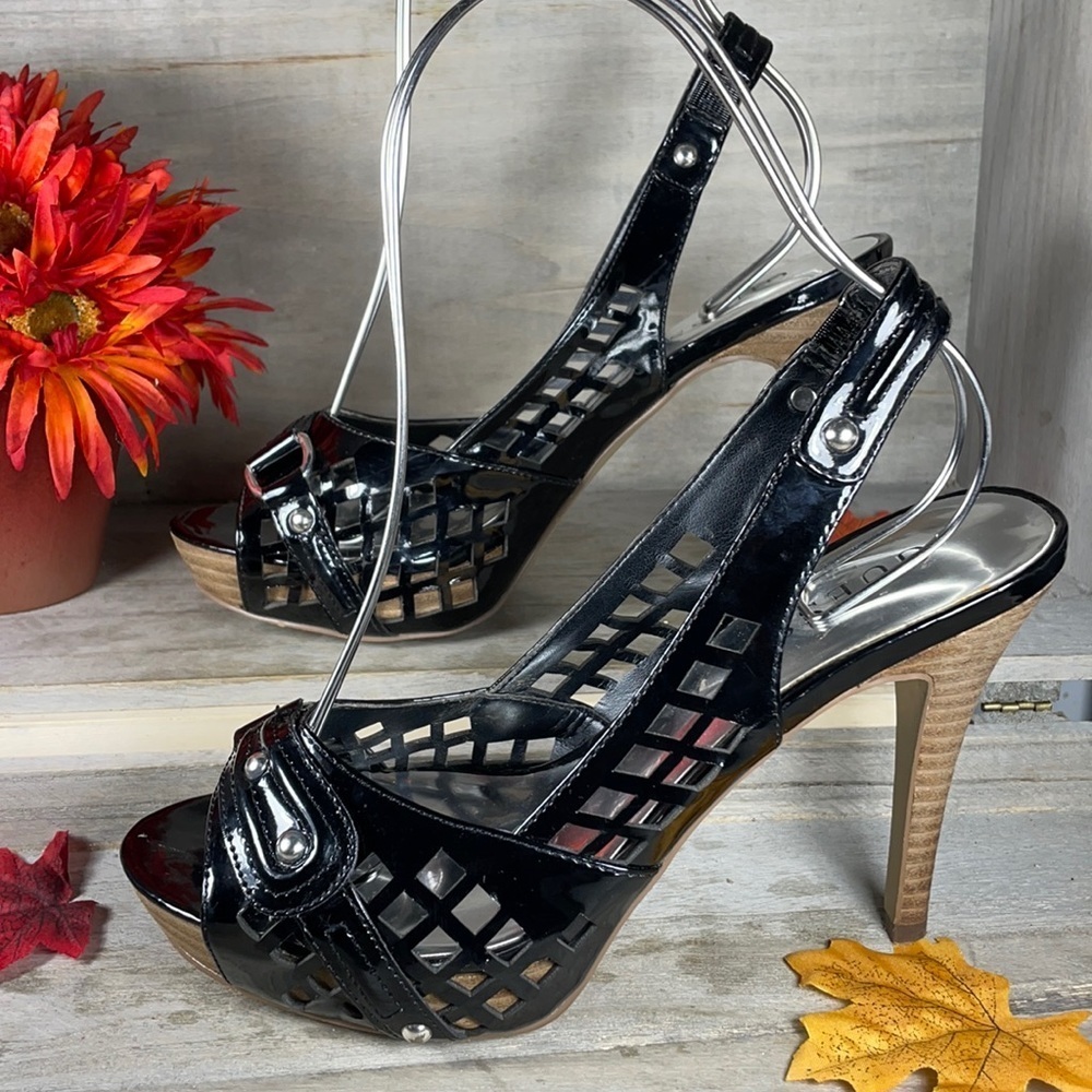 Guess Faux Black Leather Peep Toe Slingback Heels Shoes